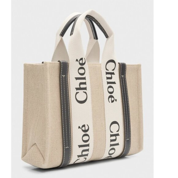 Chloe Woody Small Tote Bag in Linen with Crossbody Strap - Picture 2 of 8